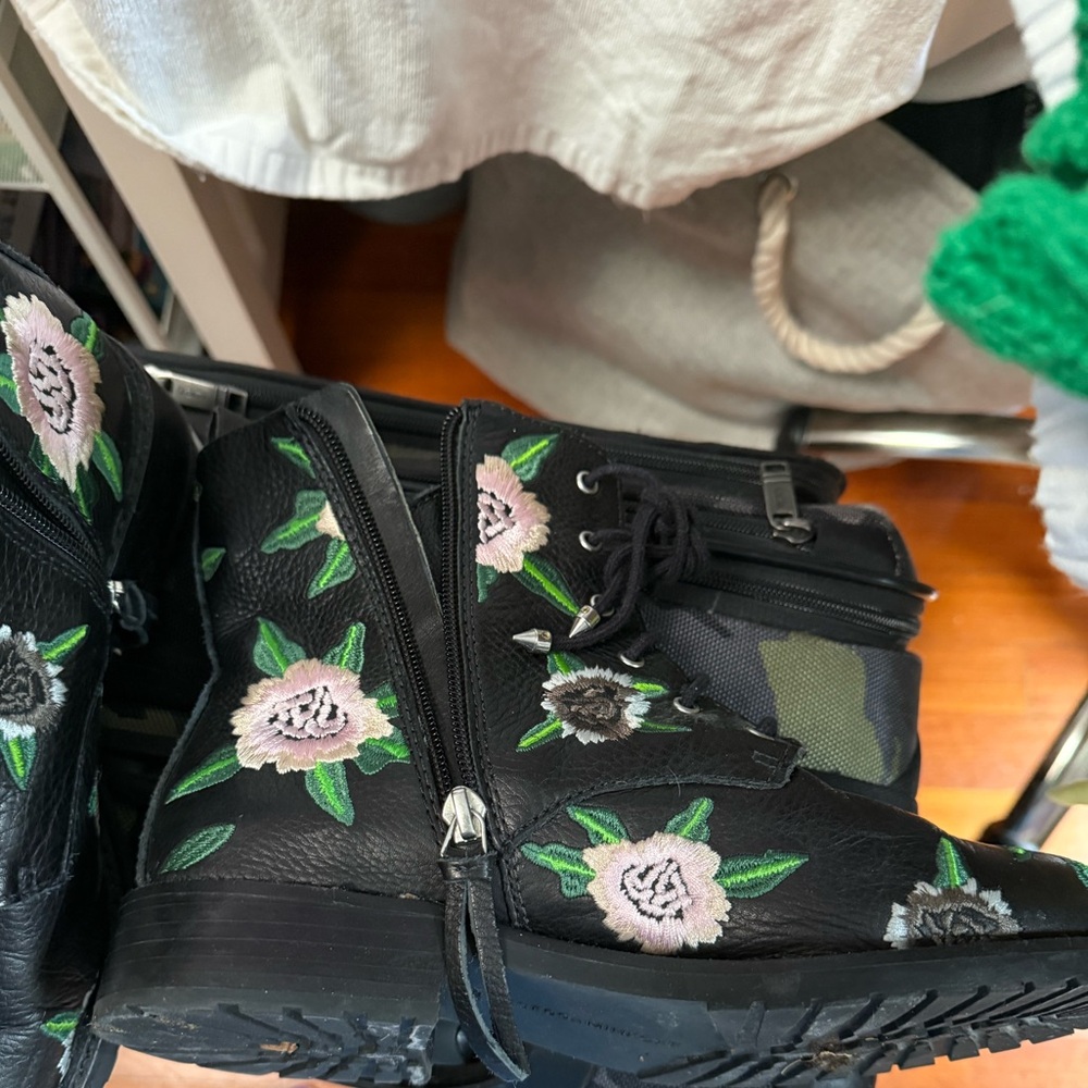 Rebecca Minkoff Black Combat Boots with Pink & Green Floral Embroidery